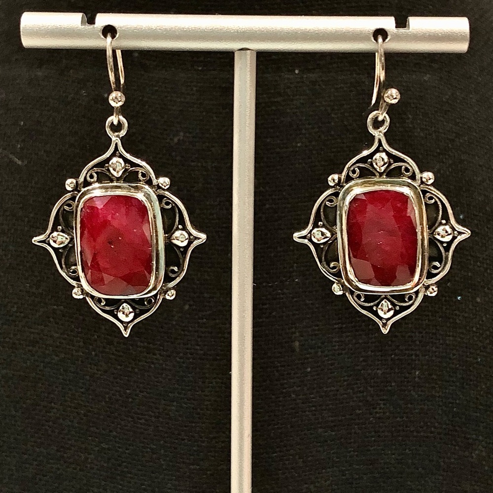 SAMUEL BENHAM BJC Sterling Silver Faceted Ruby & Oxidized Silver Earrings